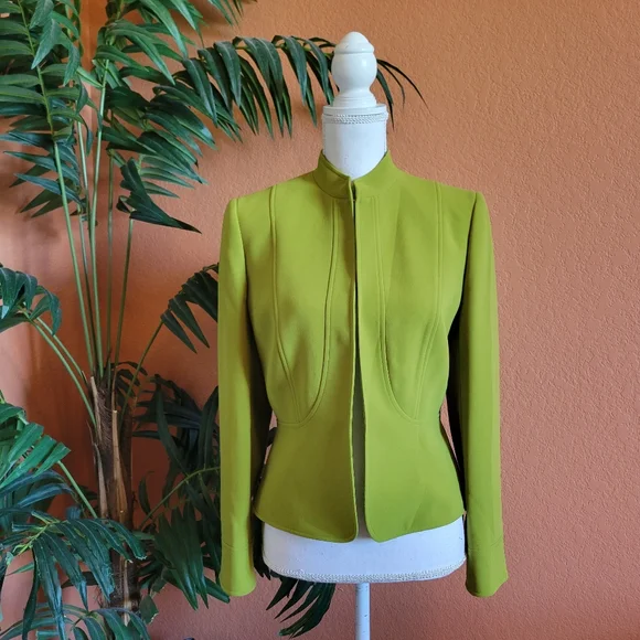 Tahari Arthur S Levine Green Jacket Blazer Open Front Mock Collar 8 Petite - Picture 10 of 10